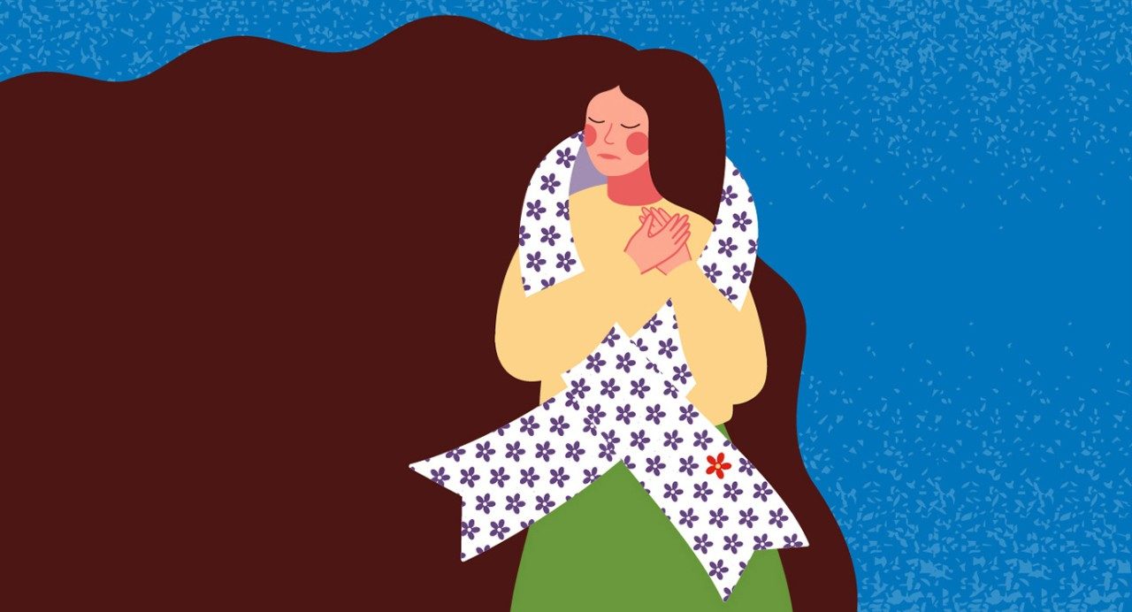 Illustration of woman on blue background wrapped in unusual cancer awareness ribbon