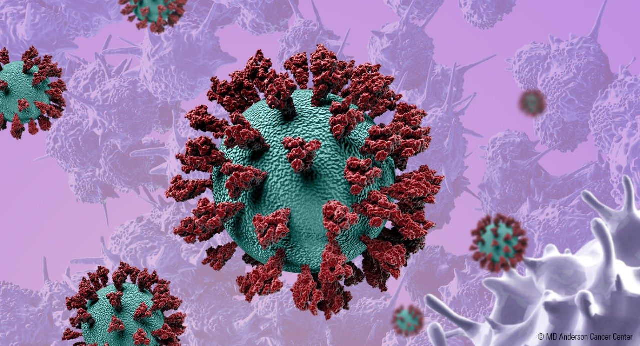 Illustration of active COVID virus against a purple background