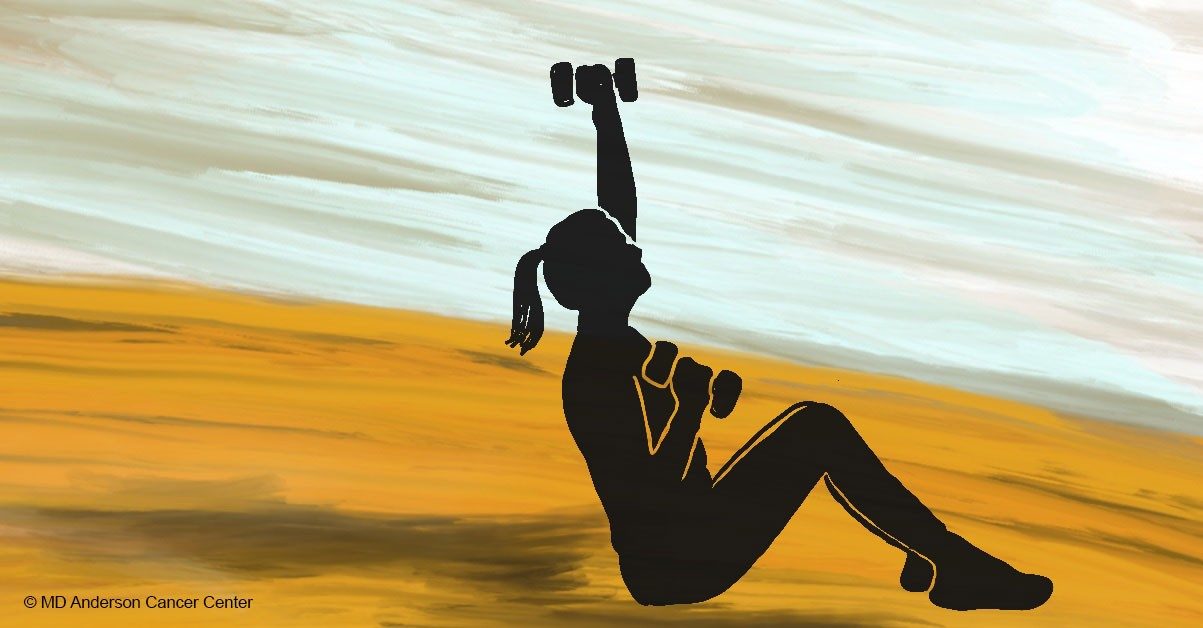 illustration shows woman sitting and exercising with dumbbells