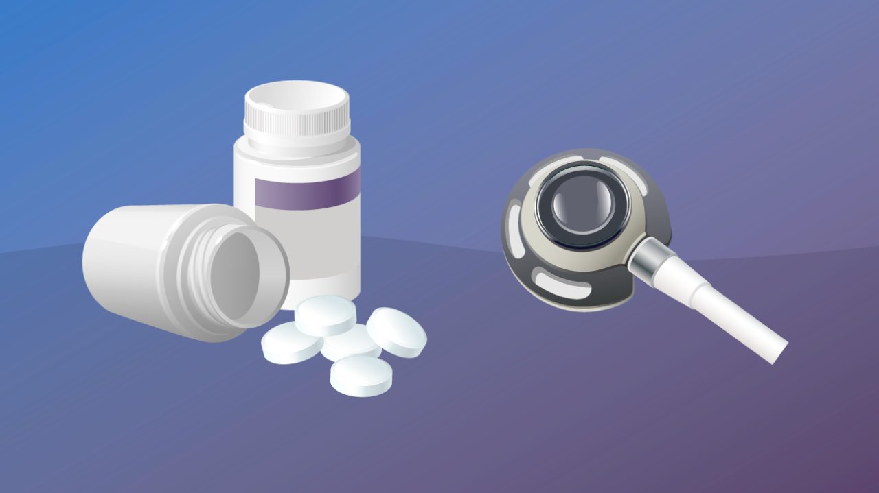 graphic of white bottle with pills spilled out beside it and central line chemo port on blue and purple background