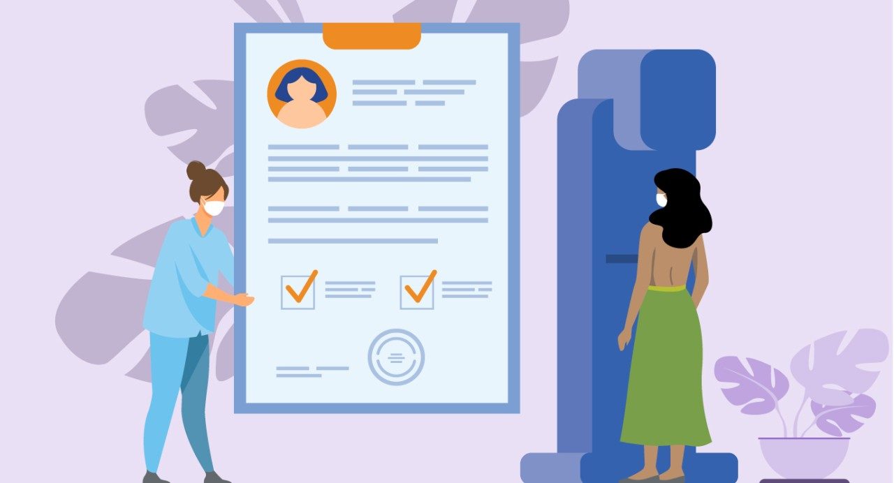 Illustration of masked woman receiving a mammogram while another woman holds up an illustration of a medical record while wearing a mask and blue shirt. Both are against a lavender background with leaves.