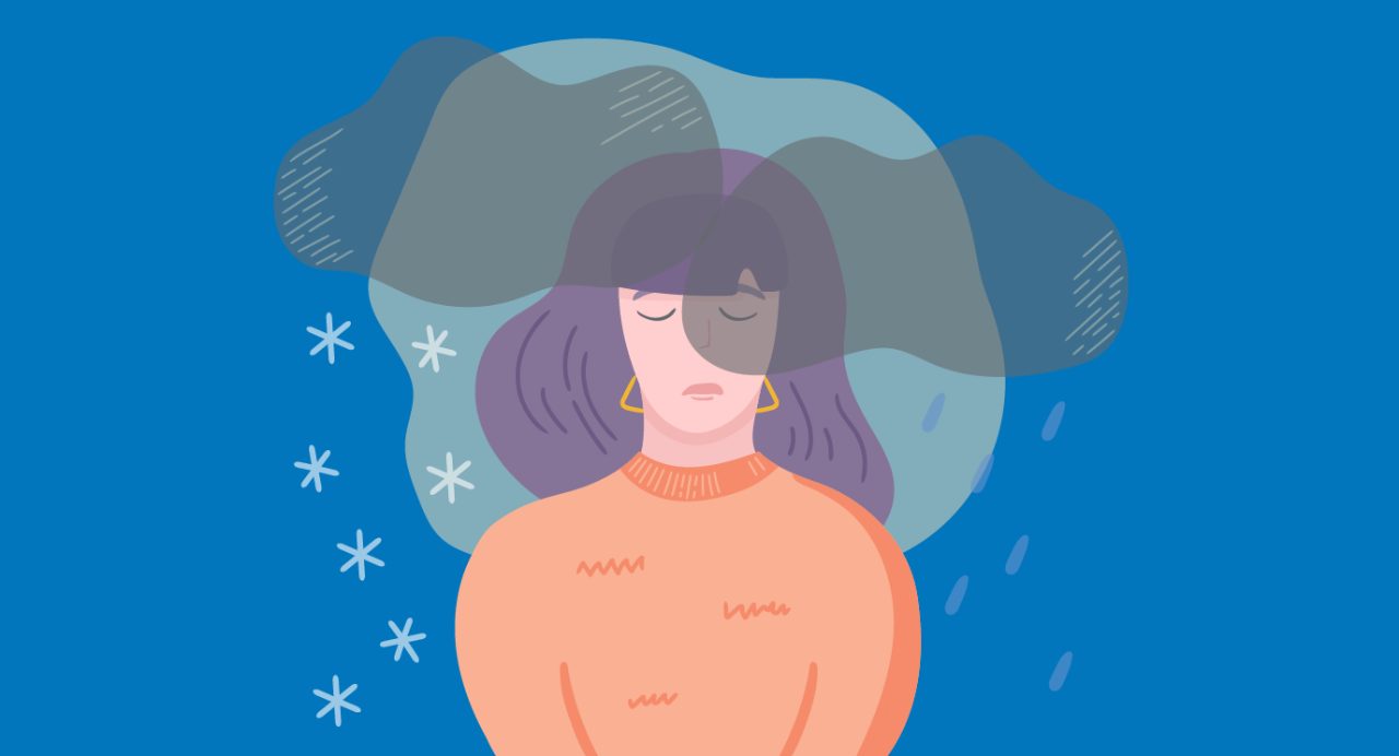 illustration of a woman with a rain cloud over her head against a blue background with raindrops and snowflakes