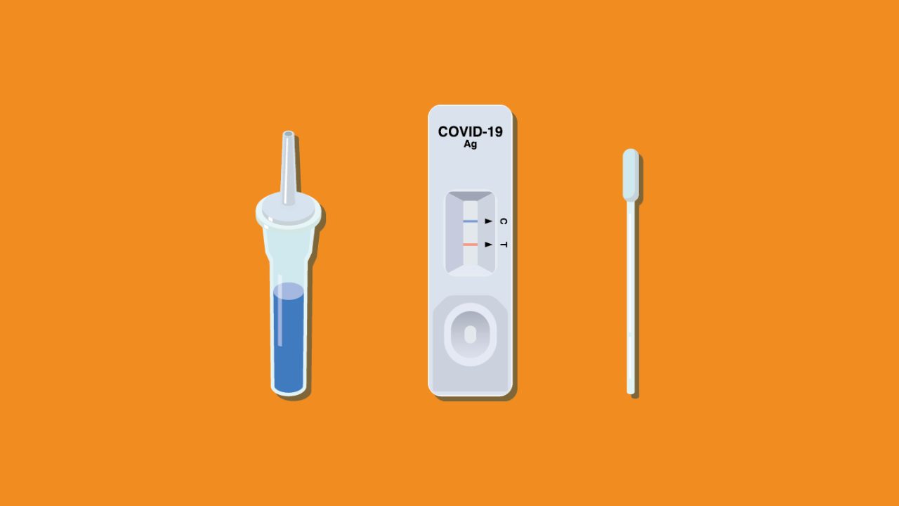 Plastic COVID-19 antigen test shows a positive result. It's pictured along with a liquid dropper and a nasal swab. 