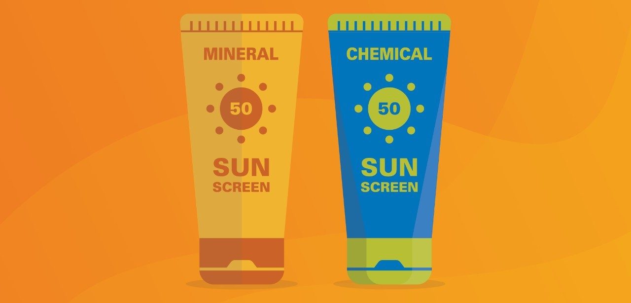 Illustration of two bottles of cream sunscreen. One reads "Mineral sunscreen 50." The other reads "Chemical sunscreen 50."