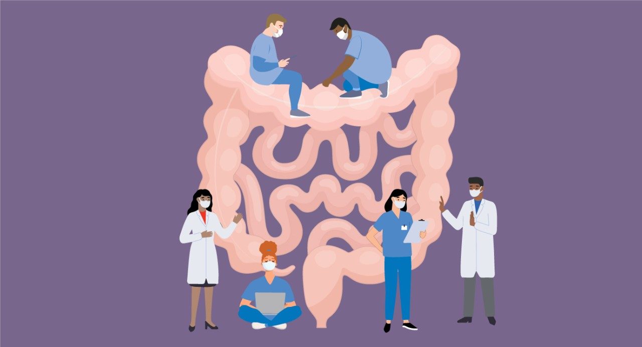 Drawing of intestines against purple background with tiny medical professionals examining and discussing it
