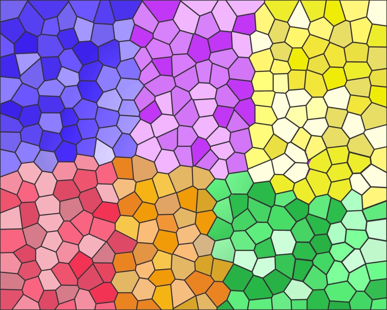 Blue, purple, yellow, red, orange and green stained glass pieces.