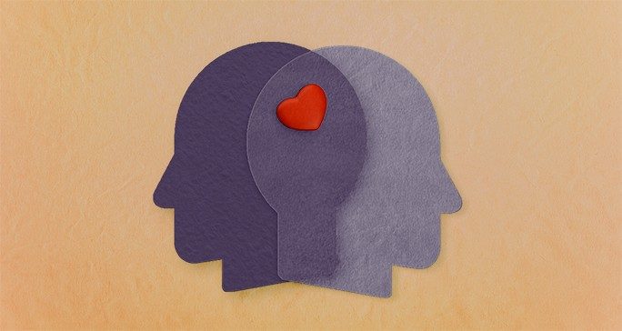 Conceptual graphic of two heads overlapping with a heart connected to both