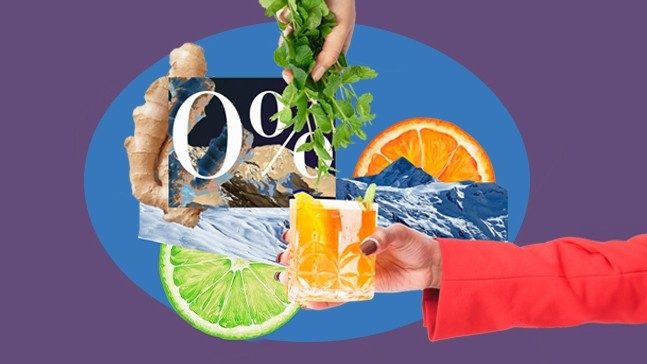 In the foreground, a person wearing a hot pink suit holds an orange mocktail in a crystal glass. In the background, there's a collage of elements including lime and orange slices, ginger, text reading '0%' and a hand holding herbs.