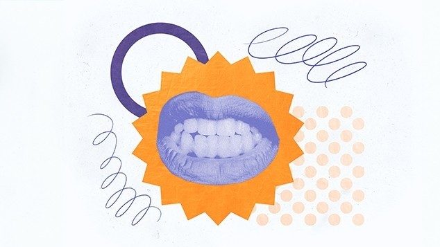 A blue mouth surrounded by orange and blue doodles