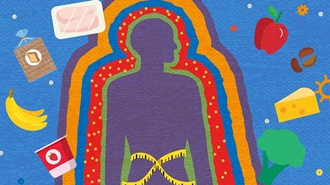 Collage of a person with a measuring tape around their waist surrounded by foods including broccoli, cheese, coffee beans, apples, chicken breast, bread, bananas and yogurt.