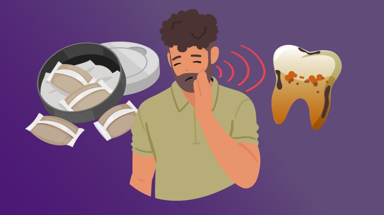 Illustration of bearded man holding painful mouth, with smokeless tobacco, diseased tooth in background