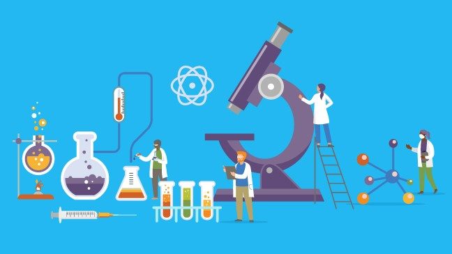 Four tiny doctors amid oversized lab equipment