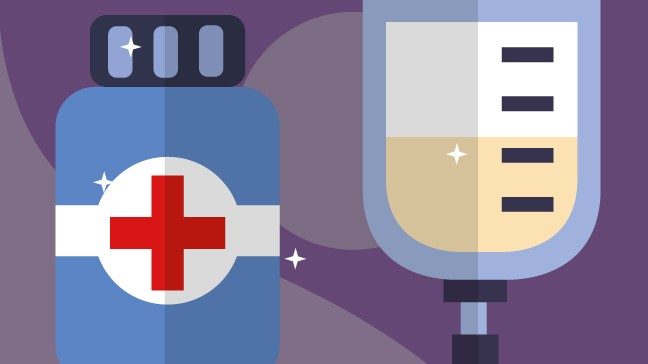 Stylized close-up drawing of a pill bottle and an IV bag of chemotherapy