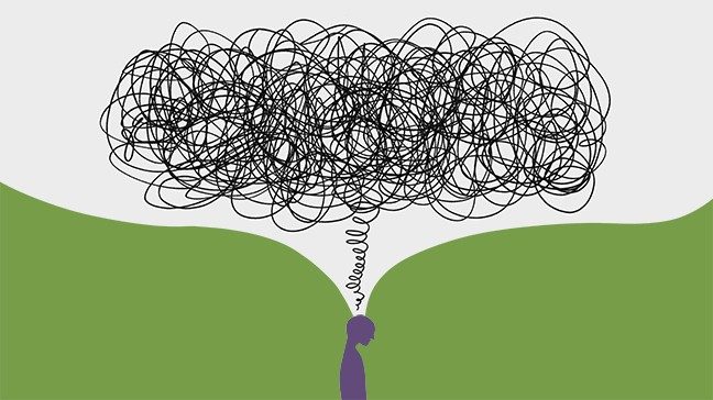 Silhouette of a person with a web of squiggly lines above their head