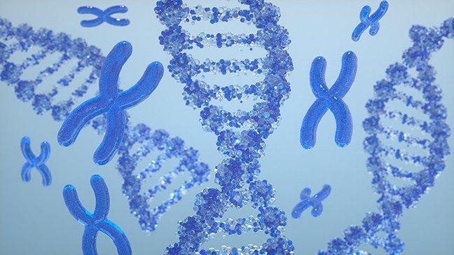 Chromosomes and dna double helix rotating on light blue background