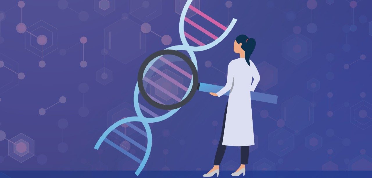 Illustration shows clinician and DNA string