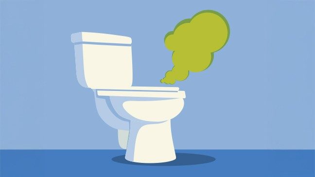 Illustration of a clean white toilet with a green funky cloud above it