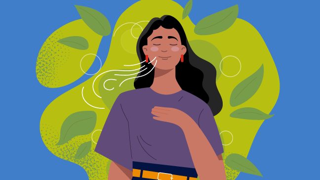 Illustration of a peaceful smiling woman breathing deeply with eyes closed
