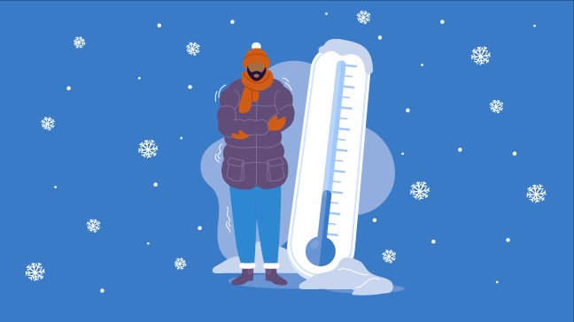Cartoon man bundled up against cold shivers next to oversized thermometer