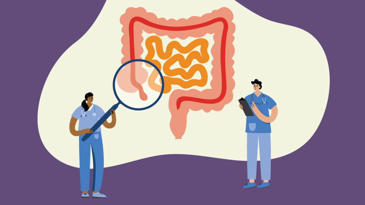 Tiny doctors examine an oversized appendix with a giant magnifying glass