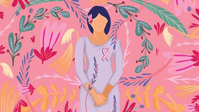 Illustration of woman in purple dress wearing a pink ribbon surrounded by flowers and foliage.