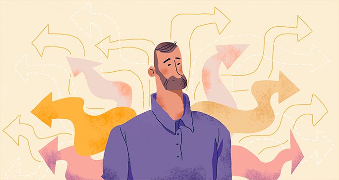 Confused man with question marks pointing in different directions