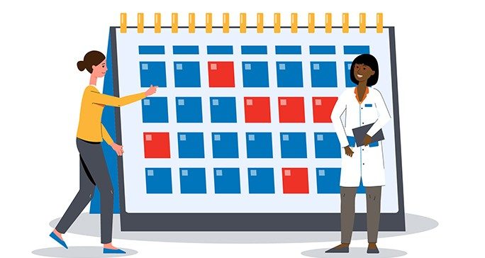 Oversized calendar with multiple days shaded in red to depict abnormal bleeding
