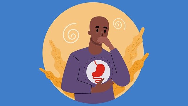 Graphic of bald man covering mouth and holding abdomen