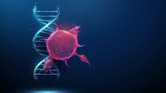 Red cancer cell next to blue strand of DNA