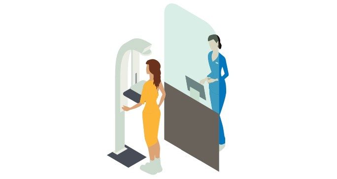 Illustration of a woman at a mammography machine with a radiologist behind glass