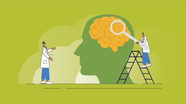 Illustration of a doctor standing on a ladder holding up a magnifying glass to an enlarged brain while another doctor looks on