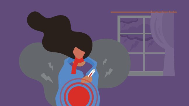 Anonymous cartoon woman shows symptoms of a cytokine storm