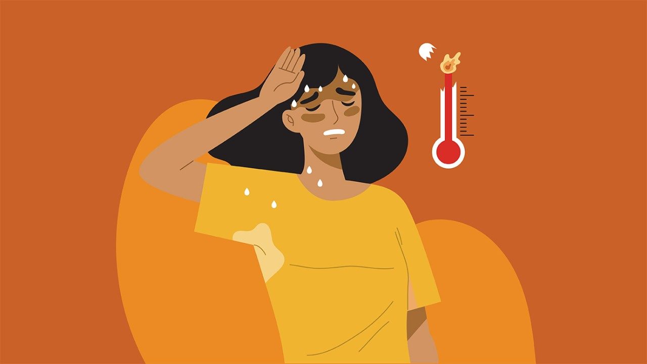 Illustration of feverish woman wiping sweat from her forehead