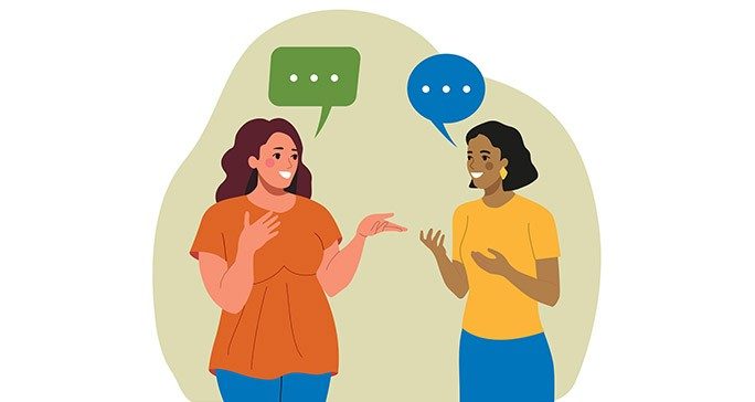 Illustration of two standing women having a discussion