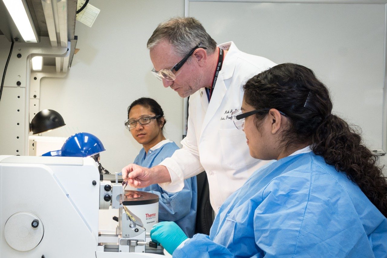 Histotechnology educator assisting students with microtomy