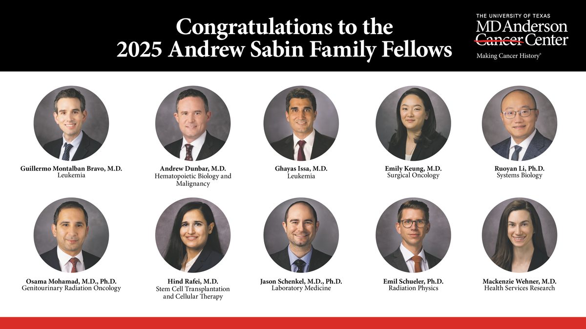 A photo collage with headshots of the ten Sabin Family Fellows. Text says "Congratulations to the 2025 Andrew Sabin Family Fellows", and lists each individual's name under their headshot.