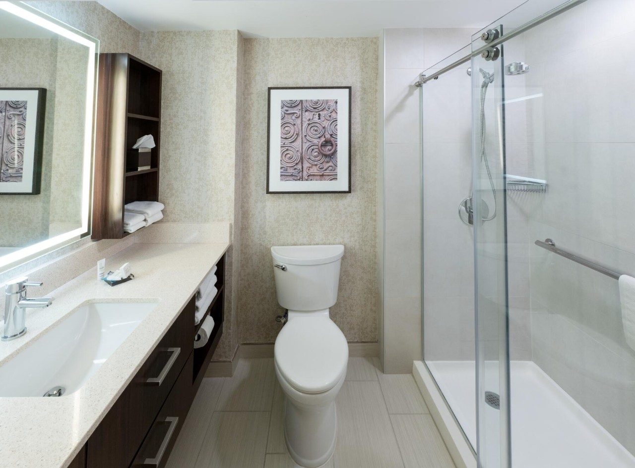 Bathroom in a room with two queen beds and kitchenette