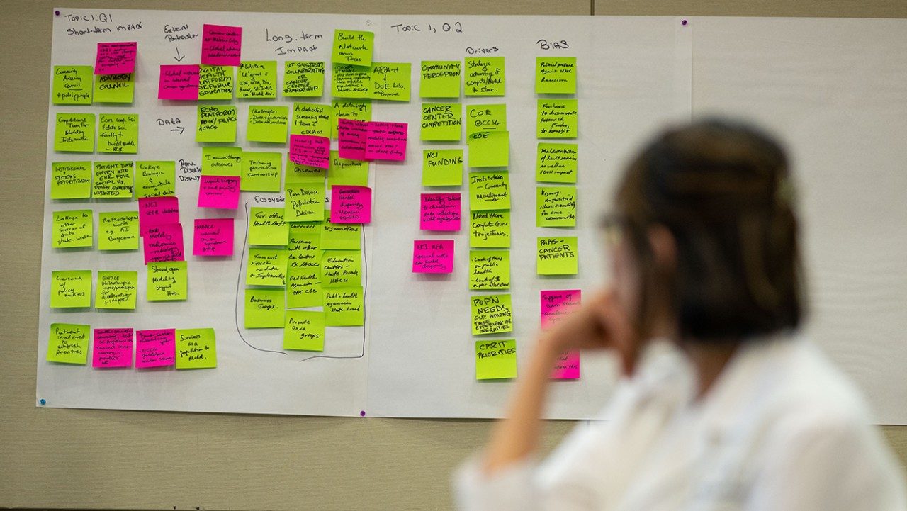 A person looking a whiteboard covered in sticky notes