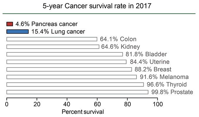 5-year cancer survival rate in 2017. Pancreatic and lung cancer have dismal 5-year survival rates, as compared to other cancers including colon, kidney, bladder, uterine, breast, melanoma, thyroid and prostate cancers.