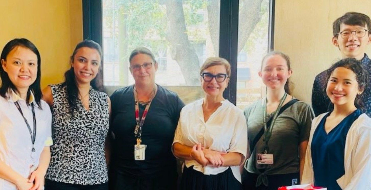 Seven people standing in a line