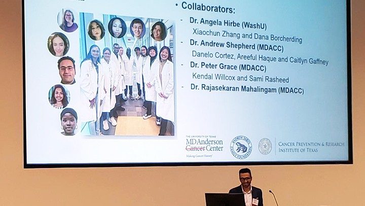 Photo of Pan Lab member Khalil Kasm presenting a talk at the 2025 Gulf Coast Consortia translational pain conference