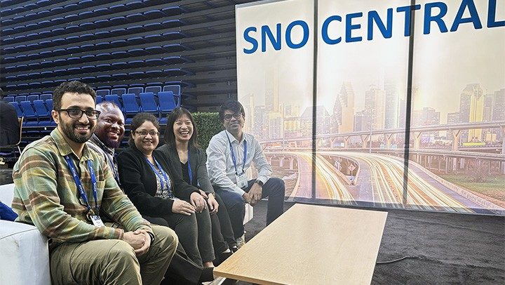 Photo of Pan Lab members Khalil Kasm, Benjamin Aghoghovwia, Khushboo Irshad, Yuan Pan and Anand Singh at the 2024 Society for Neuro-Oncology Annual Meeting in Houston