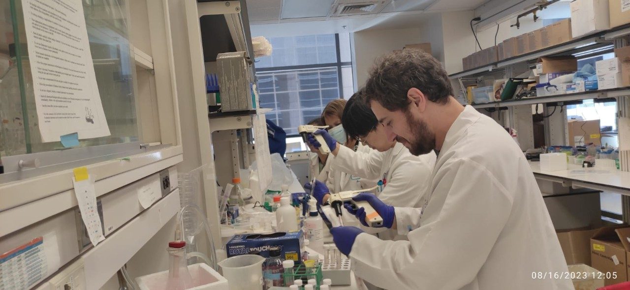 Several people lined up and working at a lab bench in lab coats