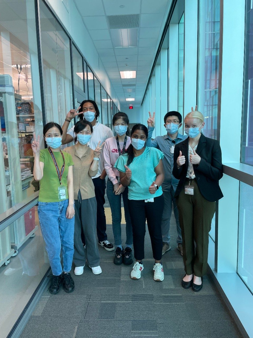 Group of people pose wearing masks and giving peace signs or thumbs up