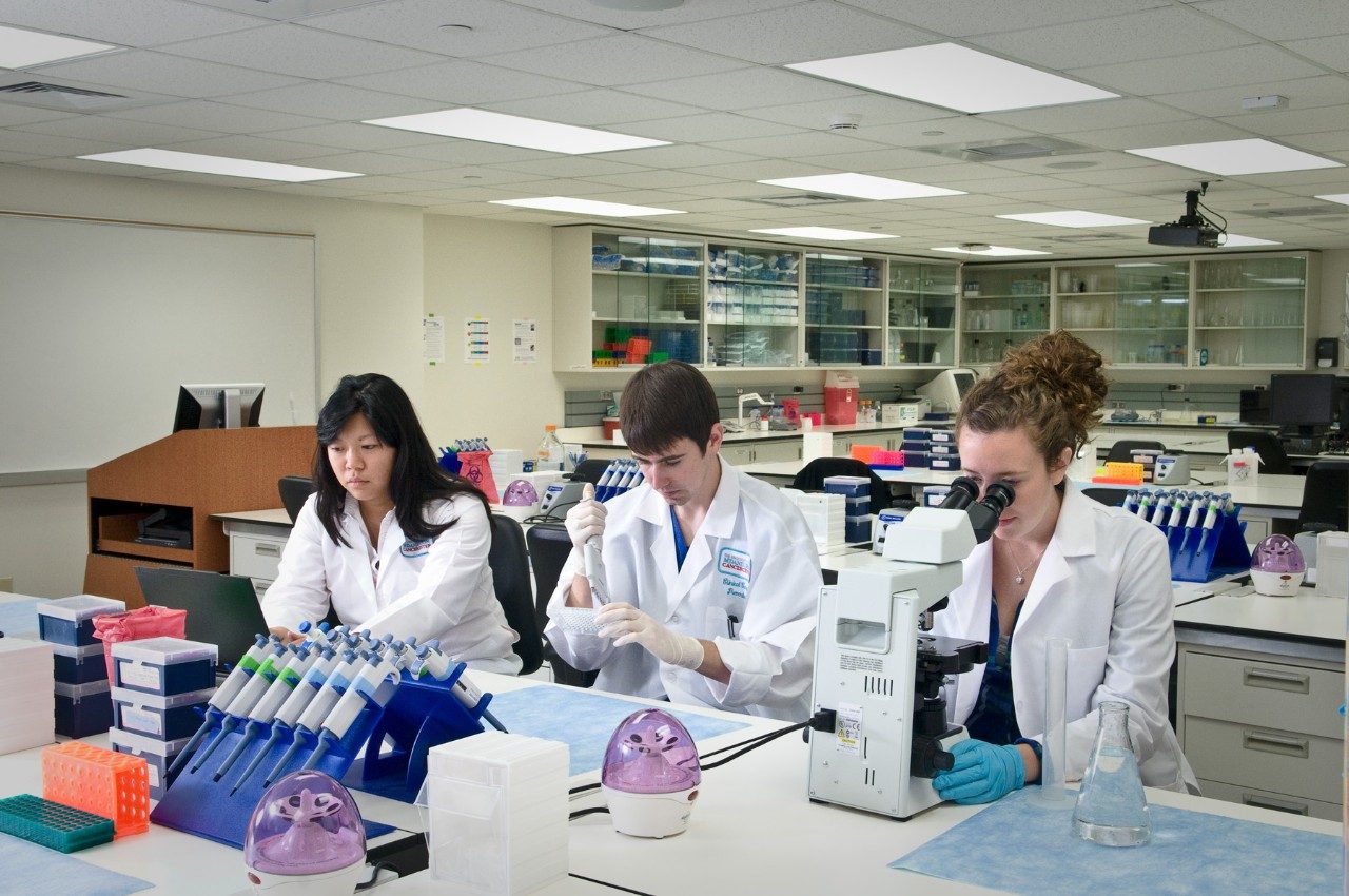 Three students working in a lab