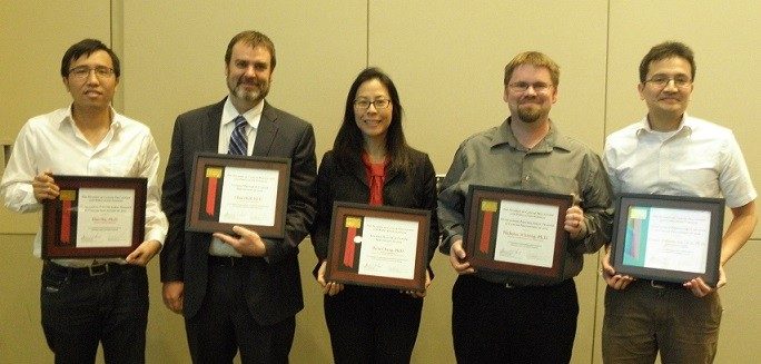 2015 OTLMA Awardees (left to right):  Drs. Hao Hu, Chad Huff, Shine Chang, Nicholas Whiting, and Francis 'Anthony' San Lucas