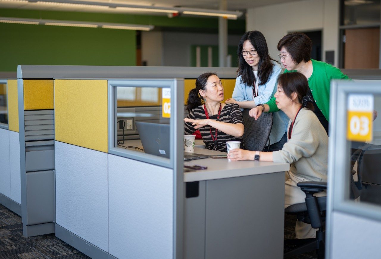 Four people gathered around a desk in an open office space with cubicles. They are looking at a laptop screen and discussing something, with one person pointing at the screen. The workspace includes gray and yellow partition panels, a coffee cup, and office chairs.