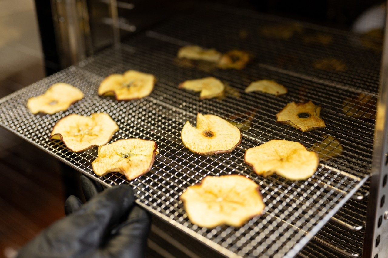 Close-up of a tray of thinly sliced apple pieces being placed into a dehydrator. The apple slices are arranged on a metal mesh rack inside the machine.