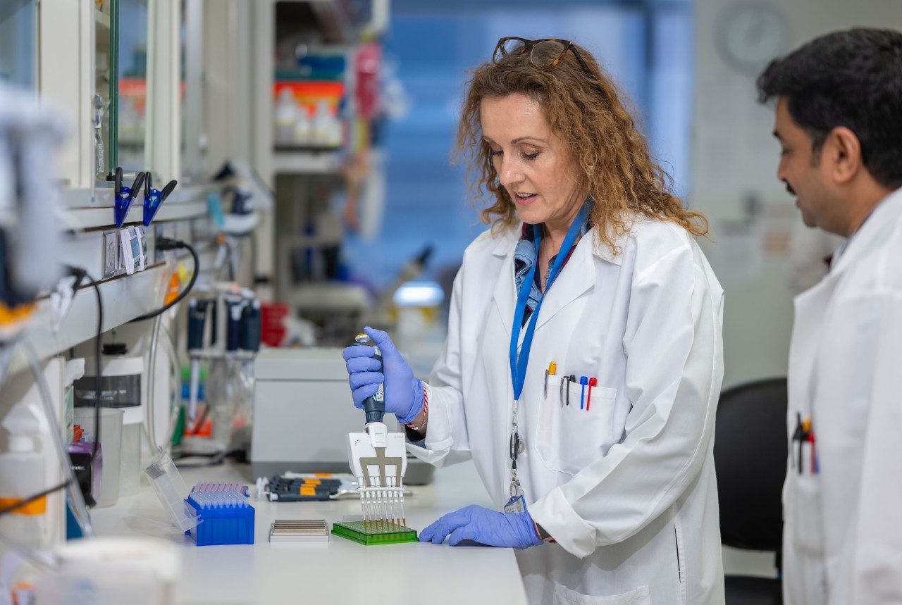 A person in a lab coat and gloves is using a multichannel pipette to dispense liquid into a green 96-well plate on a laboratory bench. Additional pipette tip boxes and lab supplies are visible nearby.