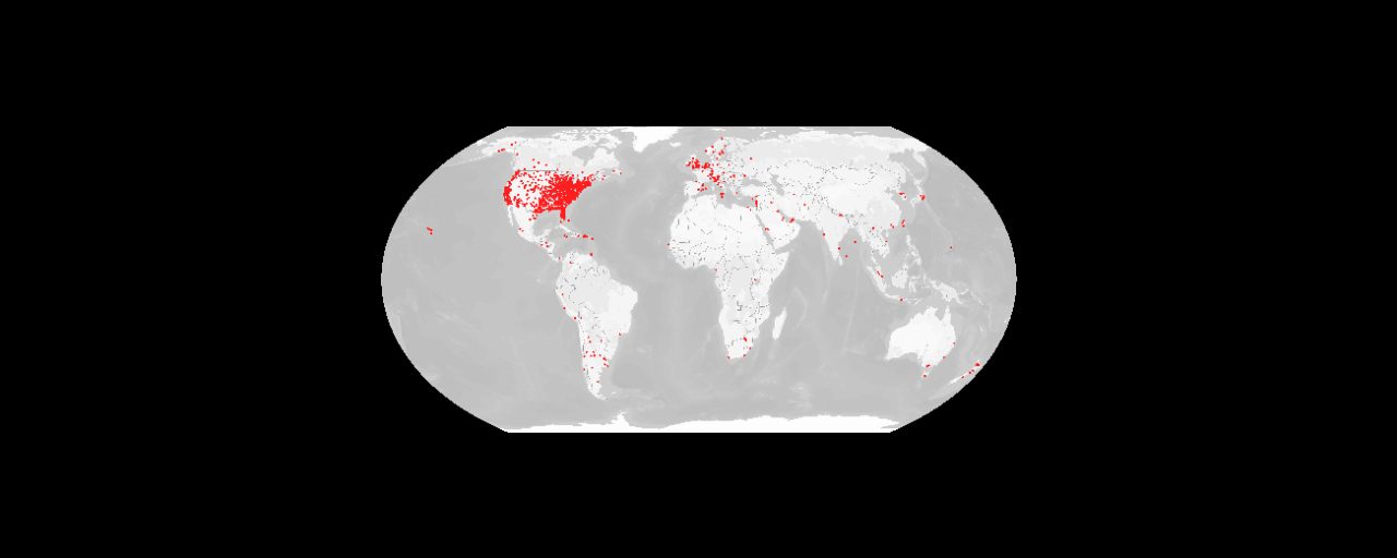 Map of the world with red dots in certain places